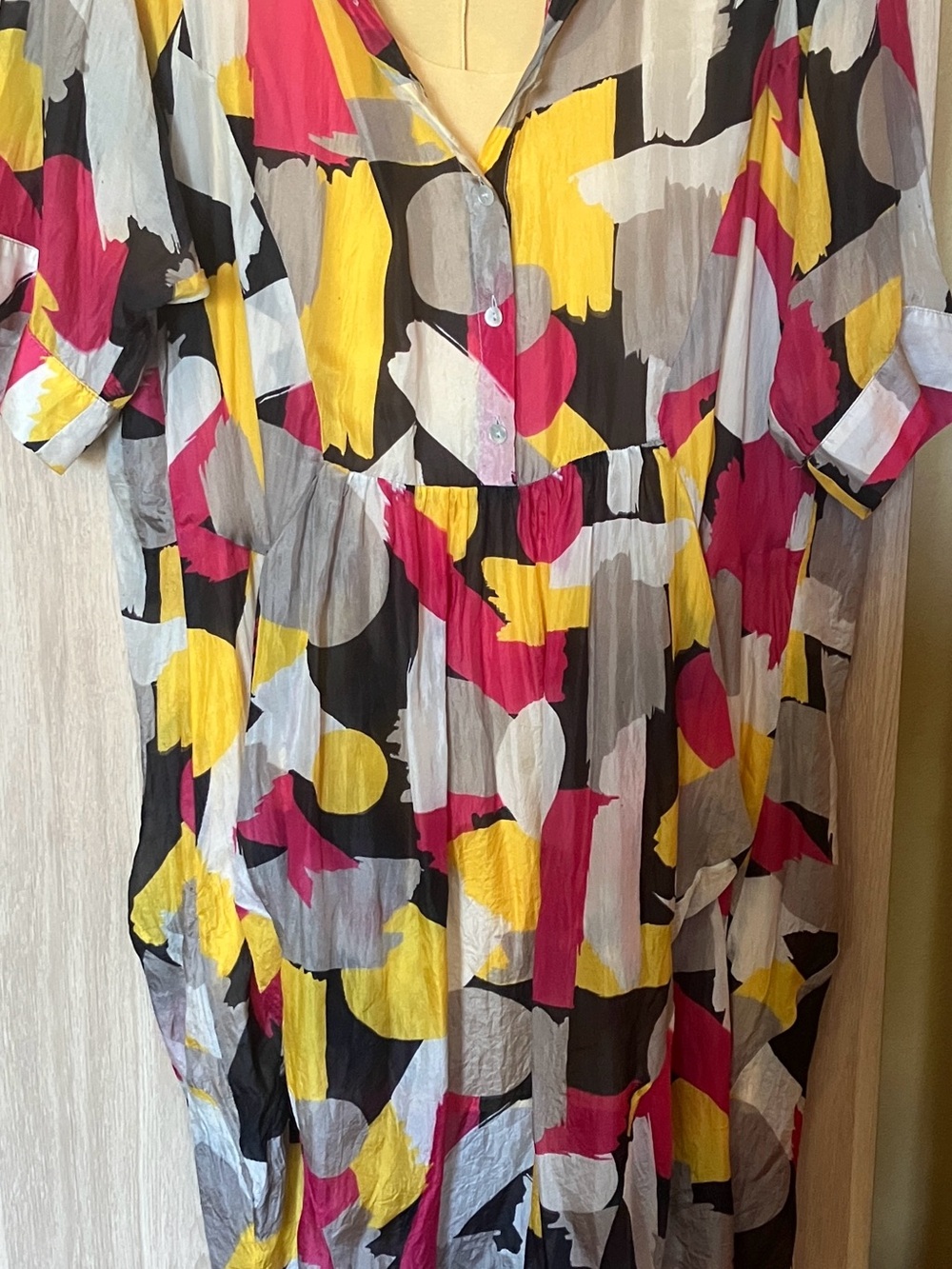 100% Silk Brushstroke Midi in Yellow, Pink & Black